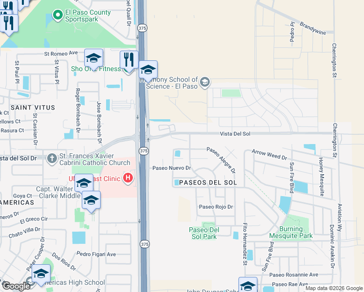 map of restaurants, bars, coffee shops, grocery stores, and more near 12373 Paseo Alegre Drive in El Paso