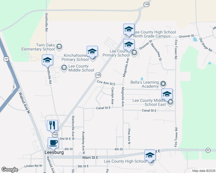 map of restaurants, bars, coffee shops, grocery stores, and more near 138 Jayne Avenue in Leesburg