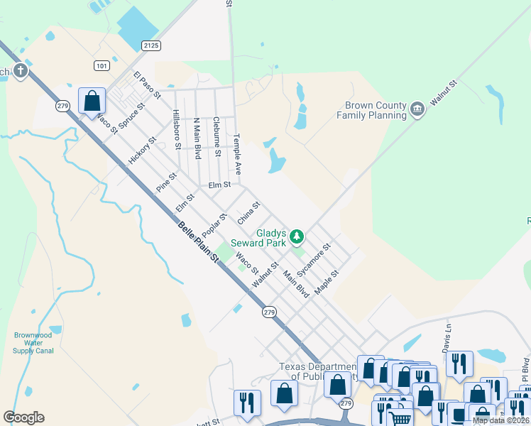 map of restaurants, bars, coffee shops, grocery stores, and more near 710 Oak Street in Brownwood