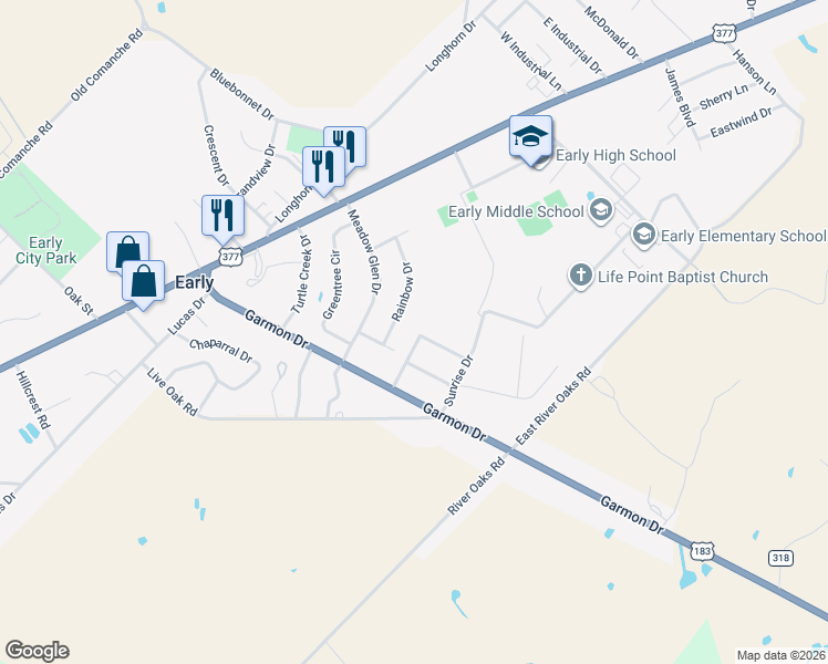 map of restaurants, bars, coffee shops, grocery stores, and more near 101 Broken Arrow Street in Early