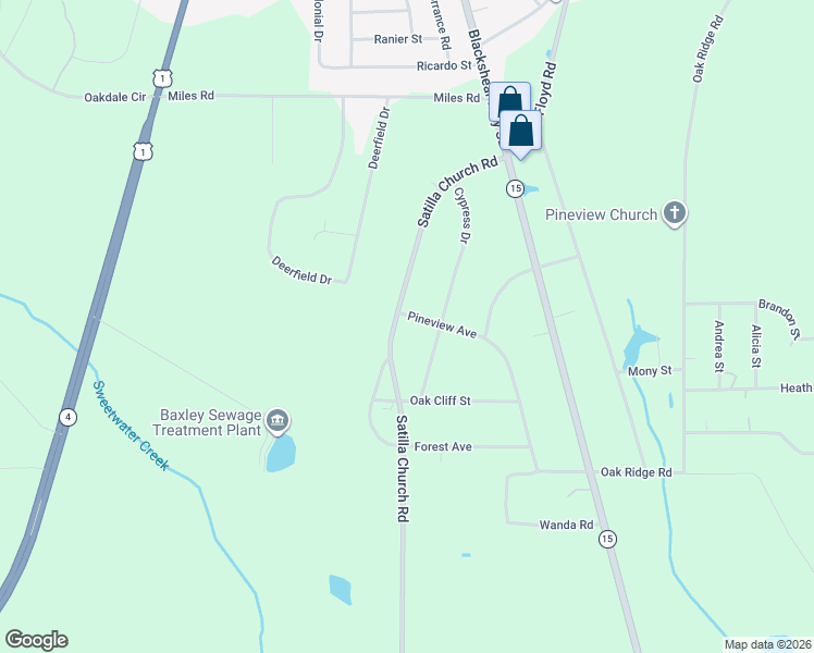 map of restaurants, bars, coffee shops, grocery stores, and more near 545 Satilla Church Road in Baxley