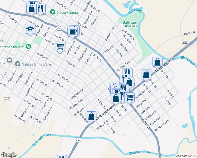 map of restaurants, bars, coffee shops, grocery stores, and more near 305 North 8th Street in Ballinger