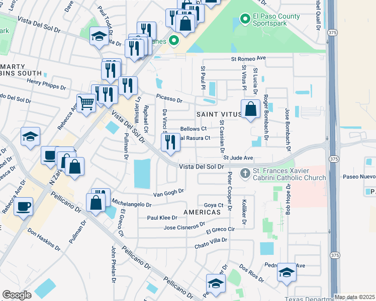 map of restaurants, bars, coffee shops, grocery stores, and more near 1584 Pete Faulkner Place in El Paso