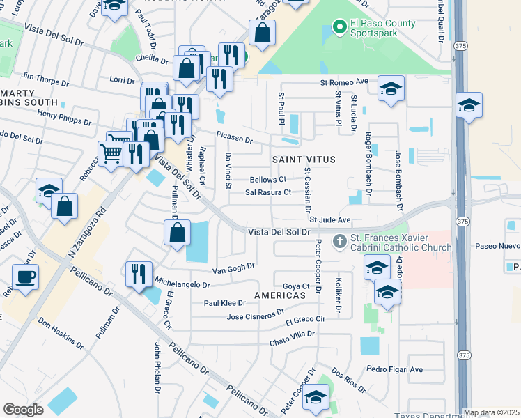 map of restaurants, bars, coffee shops, grocery stores, and more near 1584 Pete Faulkner Place in El Paso