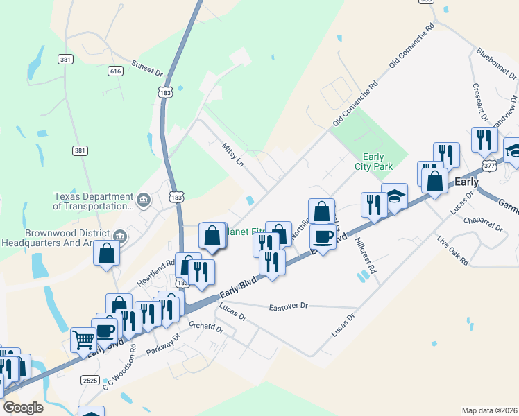 map of restaurants, bars, coffee shops, grocery stores, and more near 511 Old Comanche Rd in Early