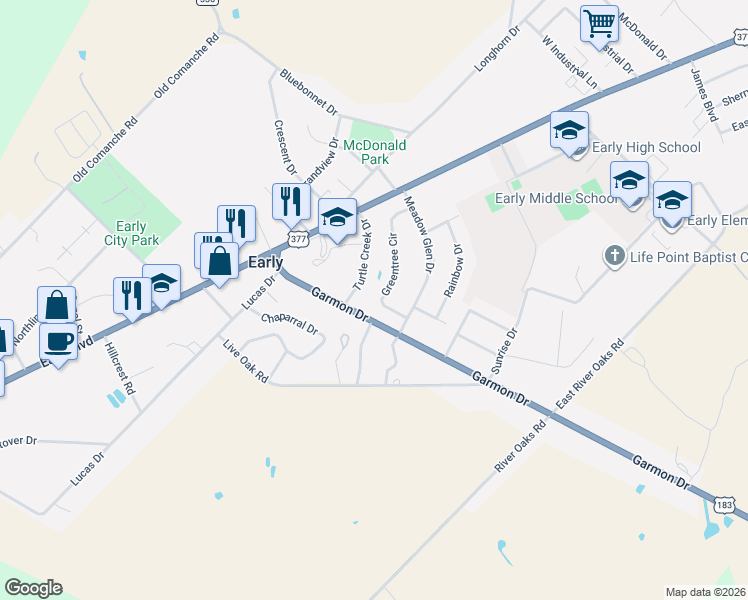 map of restaurants, bars, coffee shops, grocery stores, and more near 208 Garmon Drive in Early