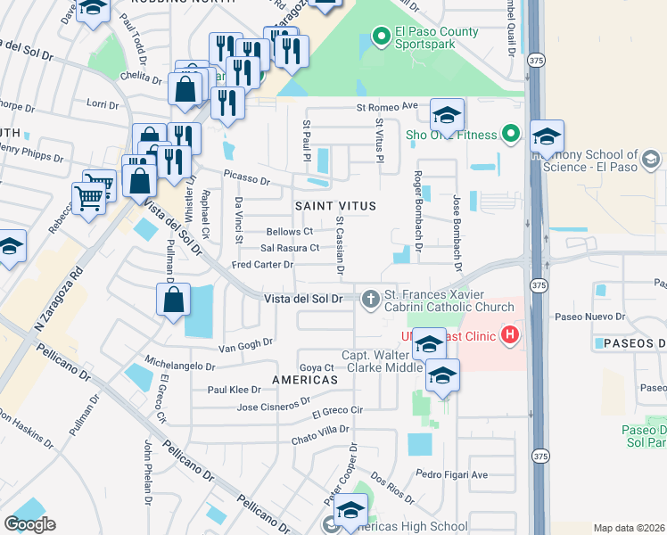 map of restaurants, bars, coffee shops, grocery stores, and more near 12116 Sal Rasura Court in El Paso
