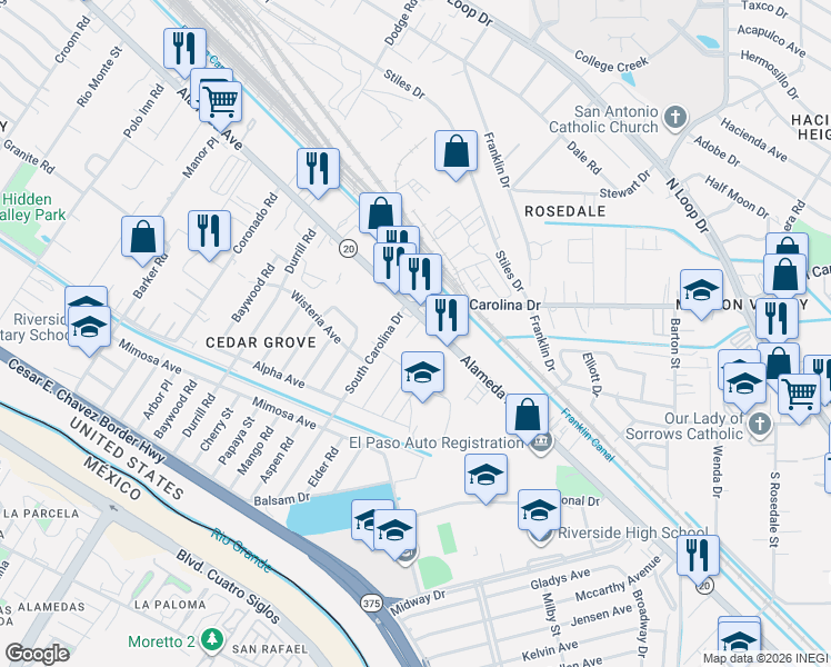 map of restaurants, bars, coffee shops, grocery stores, and more near 7423 Alameda Avenue in El Paso