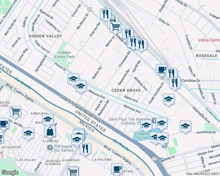 map of restaurants, bars, coffee shops, grocery stores, and more near 190 Coronado Road in El Paso