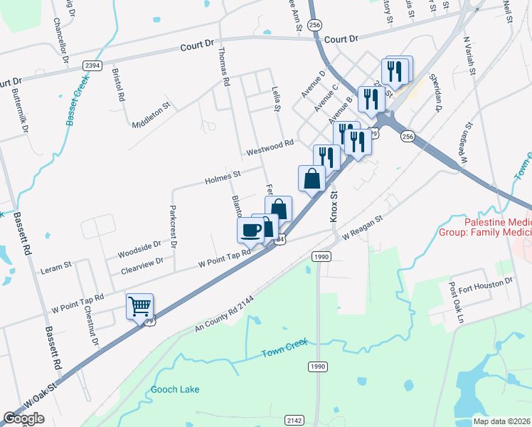 map of restaurants, bars, coffee shops, grocery stores, and more near 124 Ferguson Road in Palestine