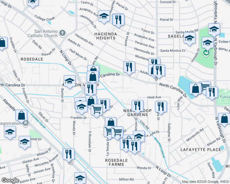map of restaurants, bars, coffee shops, grocery stores, and more near 600 North Carolina Drive in El Paso