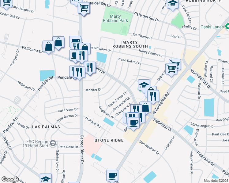 map of restaurants, bars, coffee shops, grocery stores, and more near 1475 Sierra Bonita Drive in El Paso