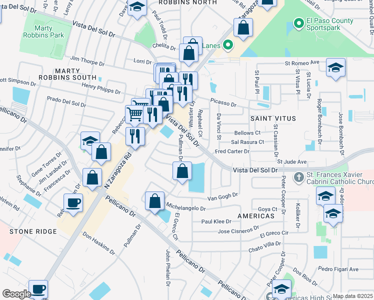 map of restaurants, bars, coffee shops, grocery stores, and more near 11972 Diana Candia Lane in El Paso