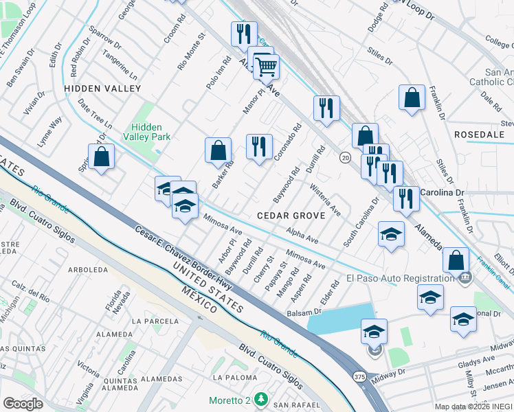 map of restaurants, bars, coffee shops, grocery stores, and more near 190 Coronado Road in El Paso