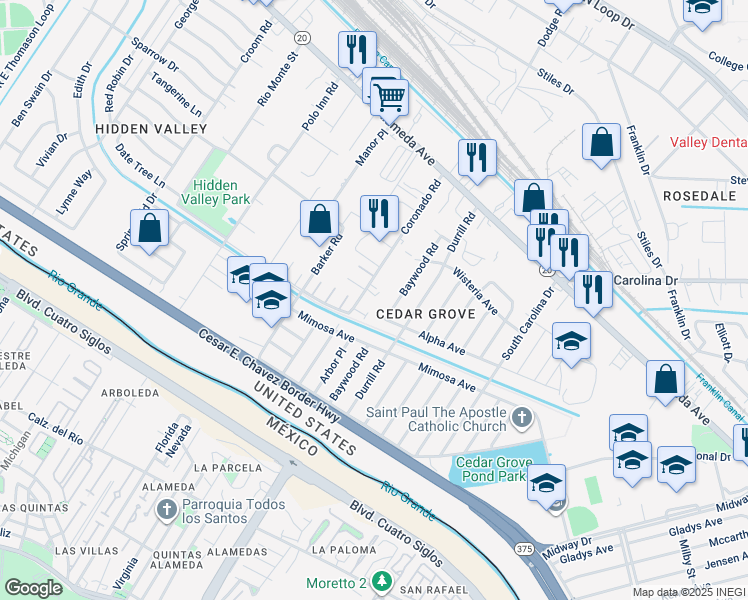 map of restaurants, bars, coffee shops, grocery stores, and more near 190 Coronado Road in El Paso