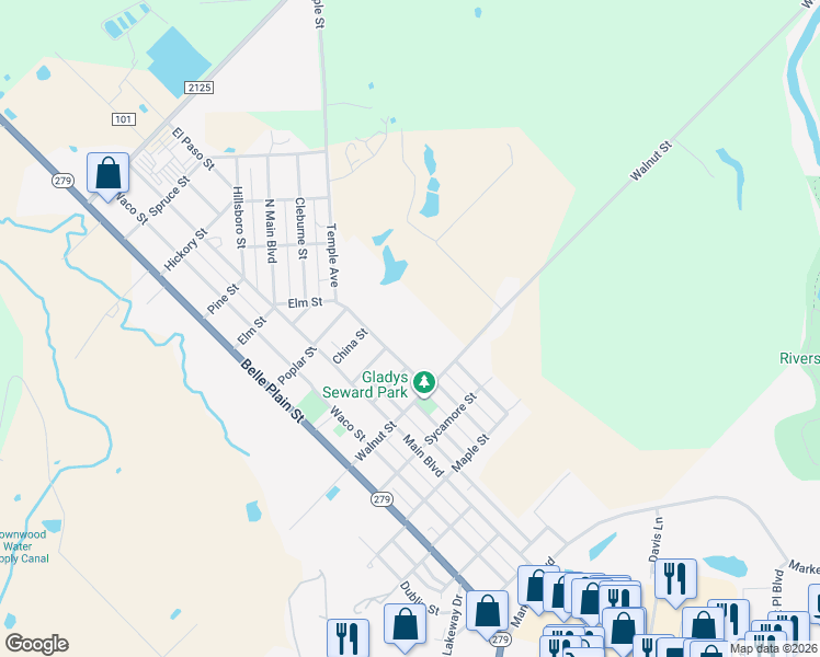 map of restaurants, bars, coffee shops, grocery stores, and more near 2206 Temple Avenue in Brownwood