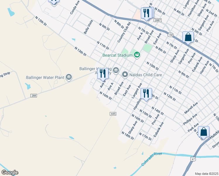 map of restaurants, bars, coffee shops, grocery stores, and more near 1502 Ave A in Ballinger