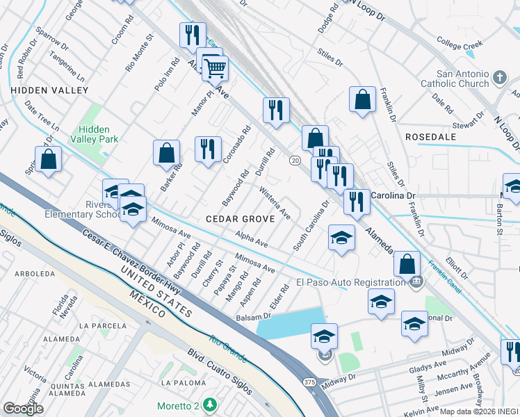 map of restaurants, bars, coffee shops, grocery stores, and more near 144 Cherry Street in El Paso