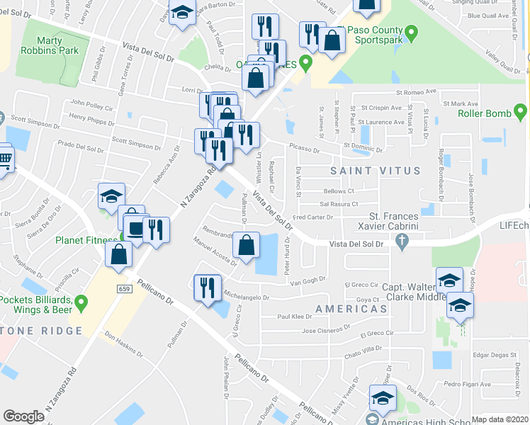 map of restaurants, bars, coffee shops, grocery stores, and more near 11971 Diana Candia Lane in El Paso