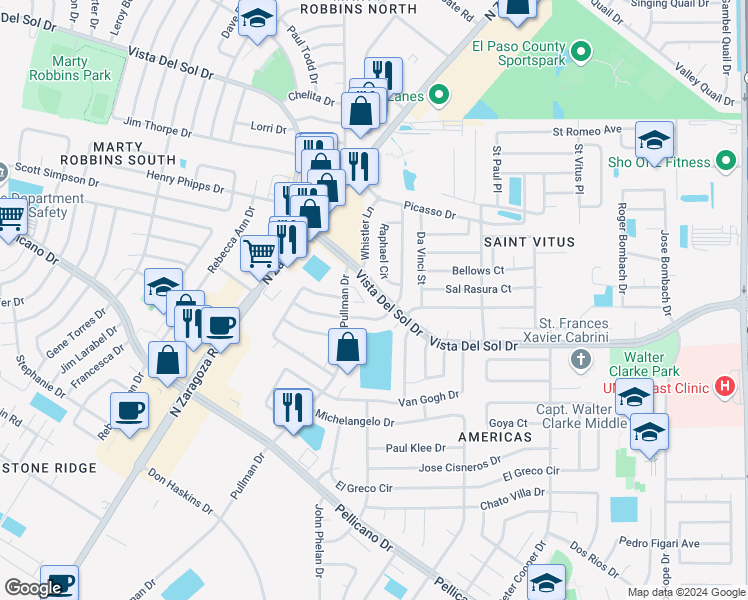 map of restaurants, bars, coffee shops, grocery stores, and more near 11971 Diana Candia Lane in El Paso