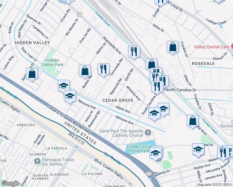 map of restaurants, bars, coffee shops, grocery stores, and more near 147 Durrill Road in El Paso