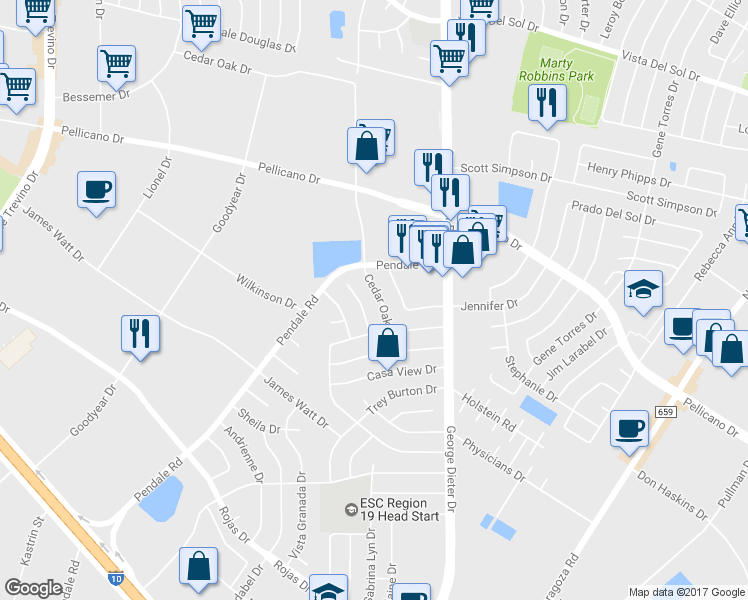 map of restaurants, bars, coffee shops, grocery stores, and more near 1441 Cedar Oak Drive in El Paso