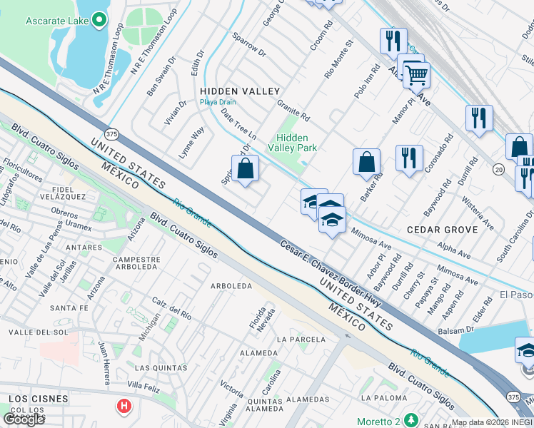 map of restaurants, bars, coffee shops, grocery stores, and more near 221 Polo Inn Road in El Paso