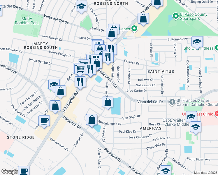 map of restaurants, bars, coffee shops, grocery stores, and more near 11983 Manuel Acosta Drive in El Paso