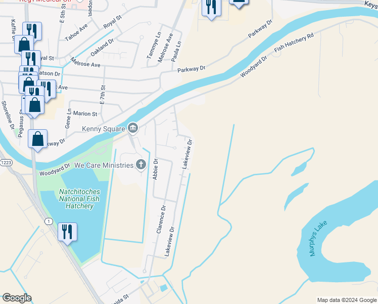 map of restaurants, bars, coffee shops, grocery stores, and more near 200 Lakeview Drive in Natchitoches