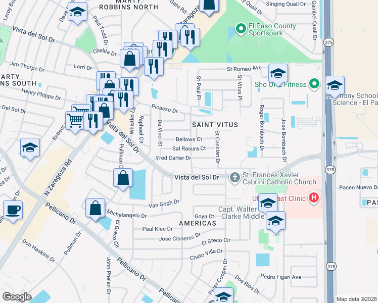 map of restaurants, bars, coffee shops, grocery stores, and more near 12056 Sal Rasura Court in El Paso