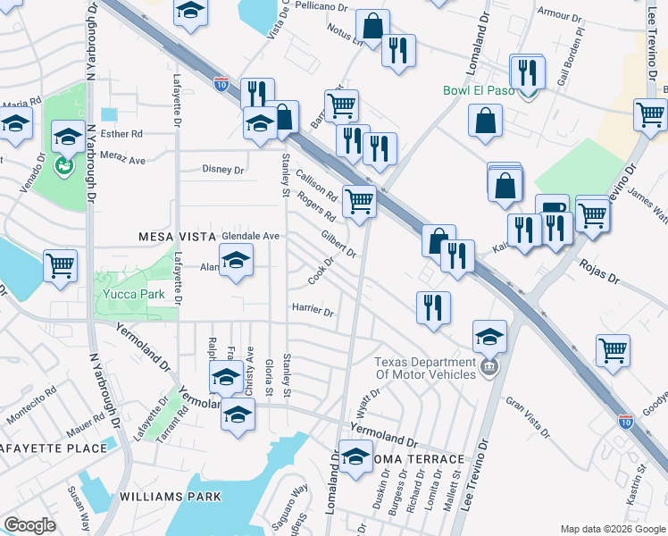 map of restaurants, bars, coffee shops, grocery stores, and more near 8149 Burnham Drive in El Paso