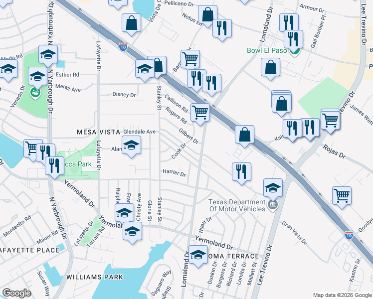 map of restaurants, bars, coffee shops, grocery stores, and more near 8149 Burnham Drive in El Paso