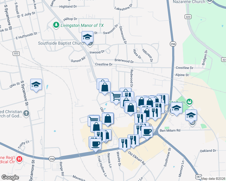 map of restaurants, bars, coffee shops, grocery stores, and more near 128 Settlers Court in Palestine