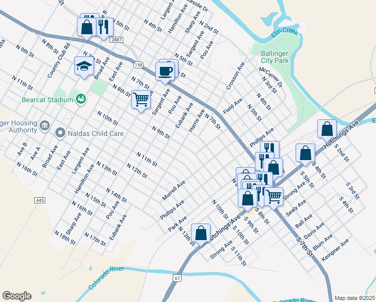 map of restaurants, bars, coffee shops, grocery stores, and more near 603 North 9th Street in Ballinger