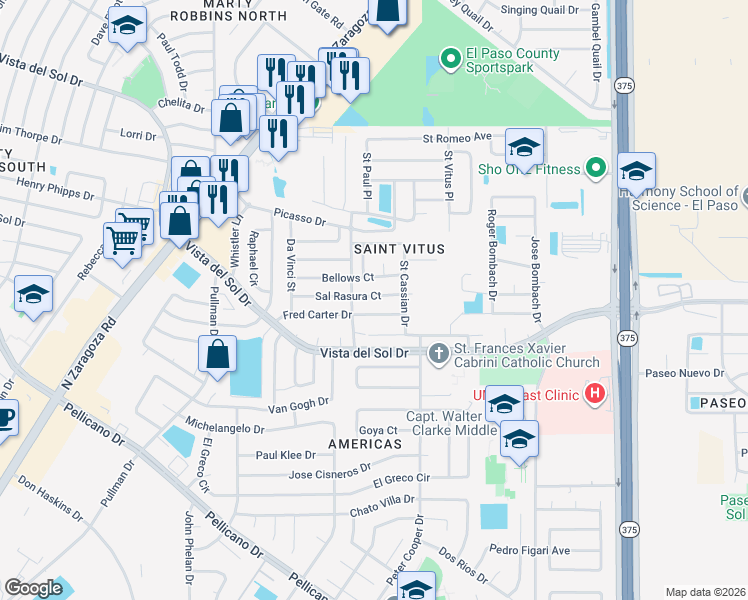 map of restaurants, bars, coffee shops, grocery stores, and more near 12116 Sal Rasura Court in El Paso