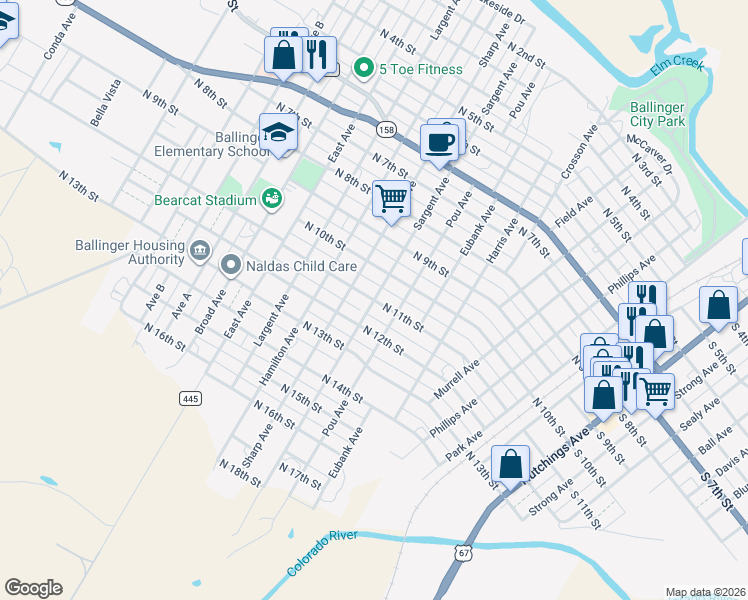 map of restaurants, bars, coffee shops, grocery stores, and more near 802 North 11th Street in Ballinger