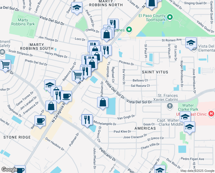 map of restaurants, bars, coffee shops, grocery stores, and more near 11971 Diana Candia Lane in El Paso