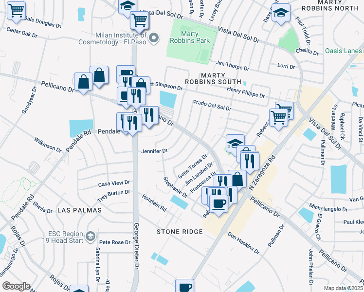 map of restaurants, bars, coffee shops, grocery stores, and more near 1475 Sierra Bonita Drive in El Paso