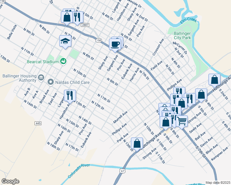 map of restaurants, bars, coffee shops, grocery stores, and more near 608 North 10th Street in Ballinger