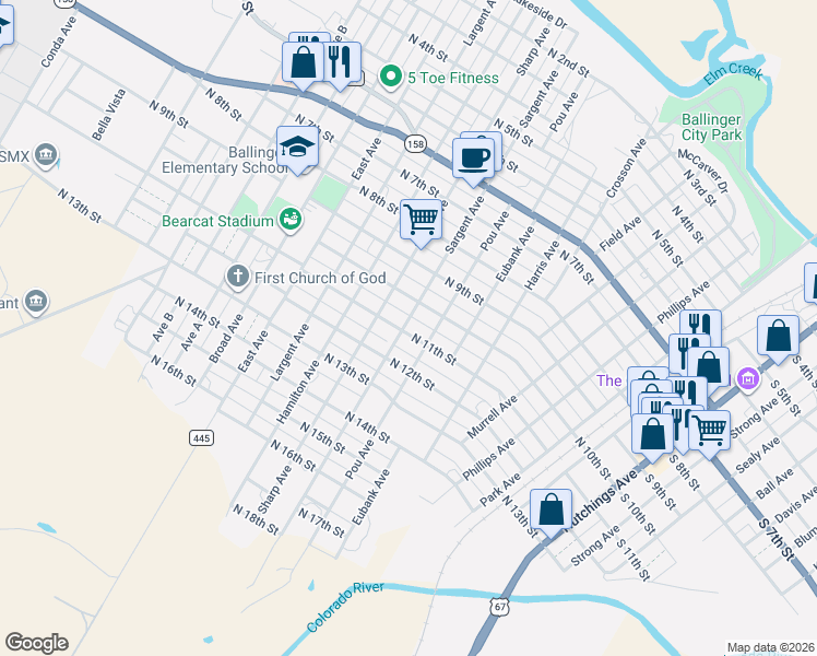 map of restaurants, bars, coffee shops, grocery stores, and more near 802 North 11th Street in Ballinger