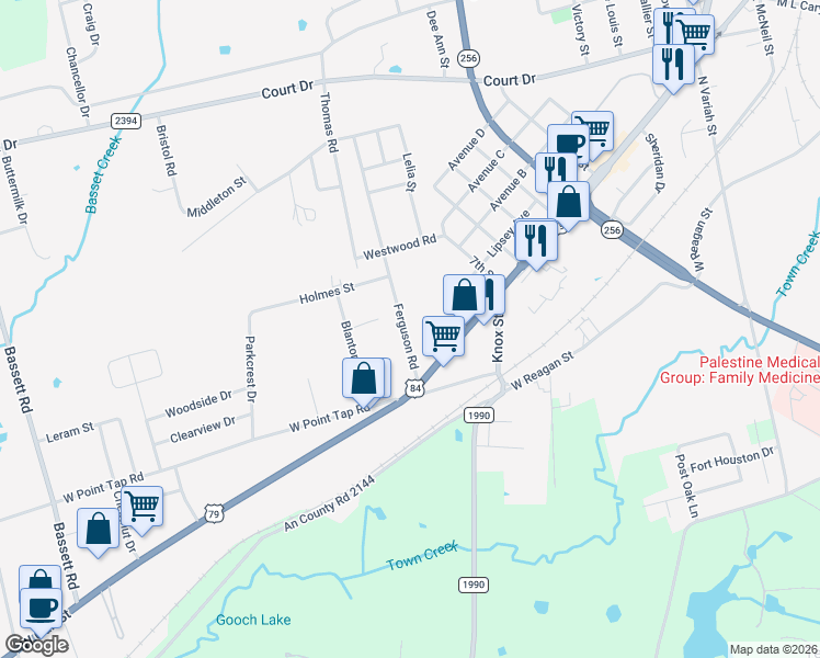 map of restaurants, bars, coffee shops, grocery stores, and more near 124 Ferguson Road in Palestine