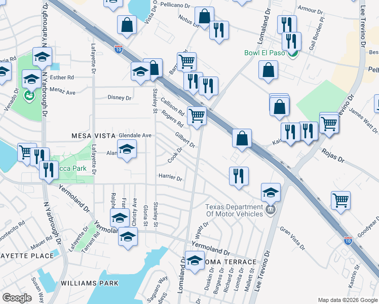 map of restaurants, bars, coffee shops, grocery stores, and more near 8149 Burnham Drive in El Paso