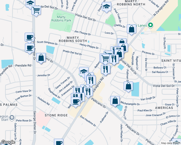 map of restaurants, bars, coffee shops, grocery stores, and more near 1527a Rebecca Ann Drive in El Paso