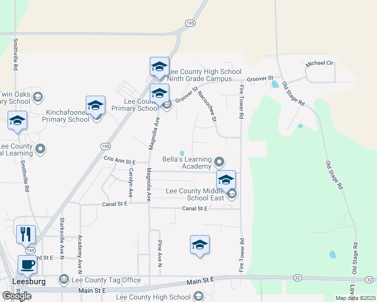 map of restaurants, bars, coffee shops, grocery stores, and more near 156 Tacco Street in Leesburg