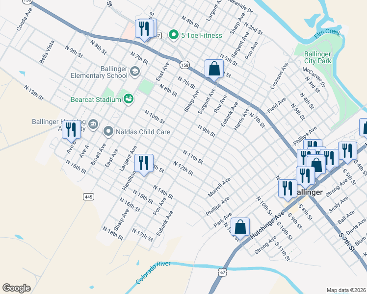 map of restaurants, bars, coffee shops, grocery stores, and more near 802 North 11th Street in Ballinger