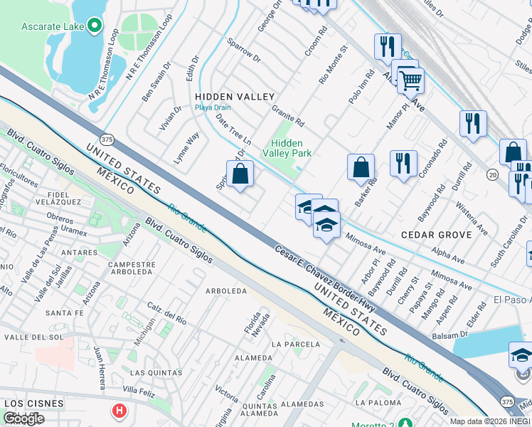 map of restaurants, bars, coffee shops, grocery stores, and more near 221 Polo Inn Road in El Paso