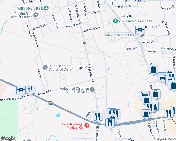map of restaurants, bars, coffee shops, grocery stores, and more near 1701-1723 South Sycamore Street in Palestine