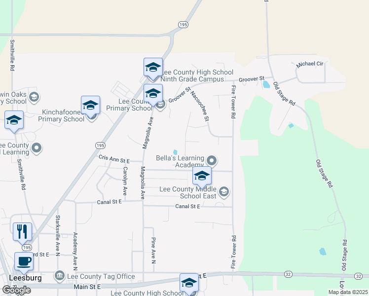 map of restaurants, bars, coffee shops, grocery stores, and more near 156 Tacco Street in Leesburg