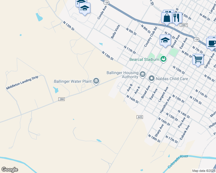 map of restaurants, bars, coffee shops, grocery stores, and more near 1502 Avenue A in Ballinger