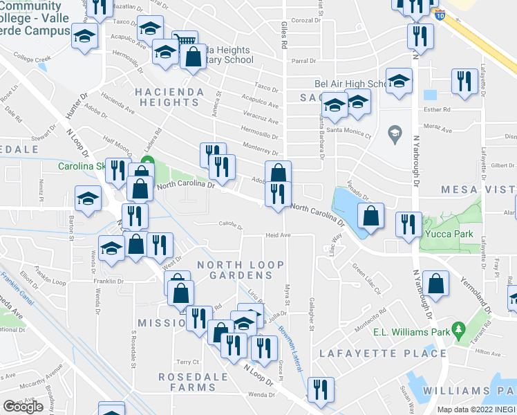 map of restaurants, bars, coffee shops, grocery stores, and more near 734 North Carolina Drive in El Paso
